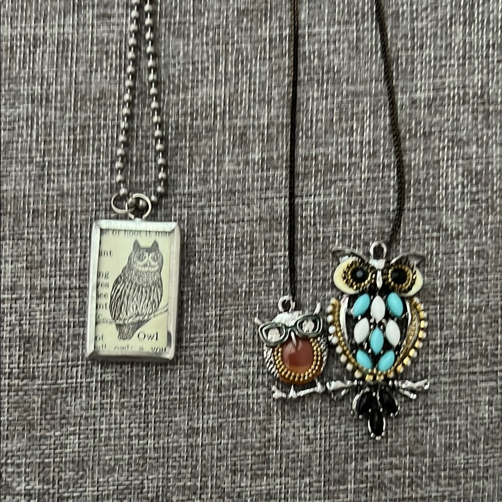 Owl Pendant Necklace Set - Silver and Multicolor EUC